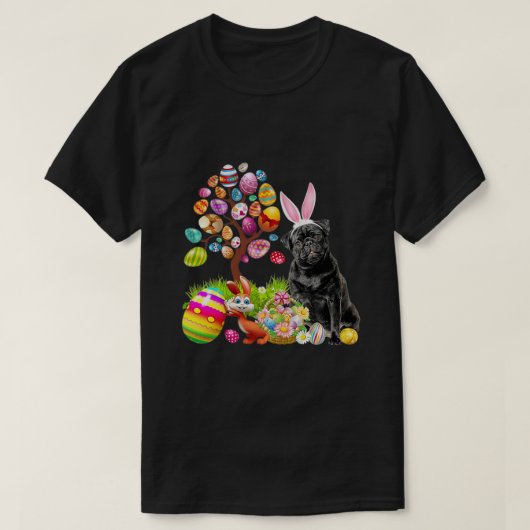 BLACK Pug Easter Egg Tree Dogs Bunny Easters Day T-shirt (Design voorkant)
