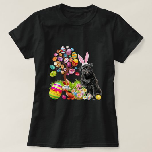 BLACK Pug Easter Egg Tree Dogs Bunny Easters Day T-shirt (Design voorkant)