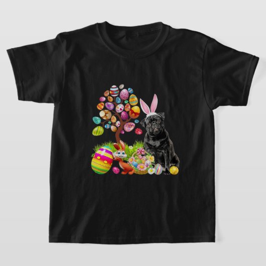 BLACK Pug Easter Egg Tree Dogs Bunny Easters Day T-shirt (Laagn)