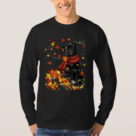 Black Pug Fall Red Scarf Autumn Leaf  For Dog T-shirt (Voorkant)