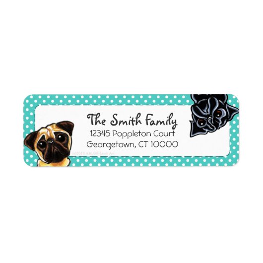 Black Pug Fawn Pug Up Down Blauwgroen Stippen Etiket (Voorkant)