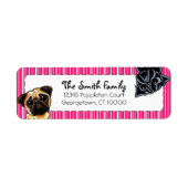 Black Pug Fawn Pug Up Down Pink Stripes Etiket (Voorkant)