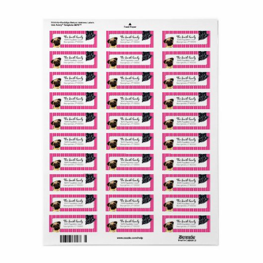 Black Pug Fawn Pug Up Down Pink Stripes Etiket (Full Sheet)