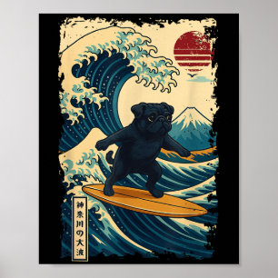 Black Pug Japans Kanagawa Wave Surfen Japan Mom Poster