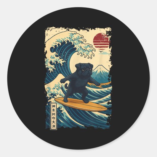 Black Pug Japans Kanagawa Wave Surfen Japan Mom Ronde Sticker (Voorkant)