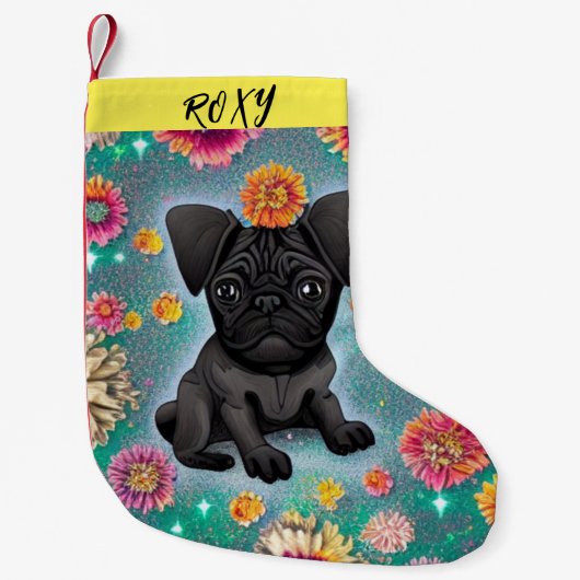 Black Pug kerststaart met naam. Kleine Kerstsok (Voorkant)