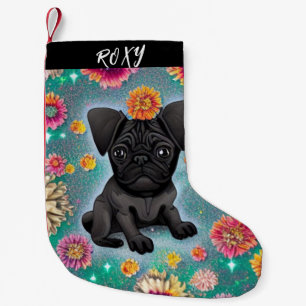 Black Pug kerststaart met naam. Kleine Kerstsok