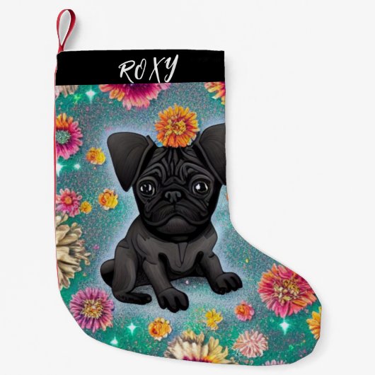 Black Pug kerststaart met naam. Kleine Kerstsok (Voorkant)