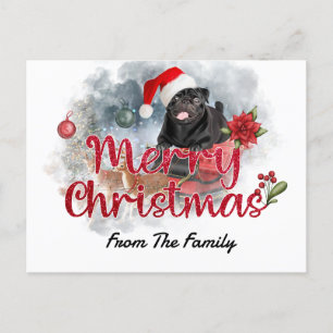 Black Pug Merry Kerstmis met Poinsettia Flower Briefkaart