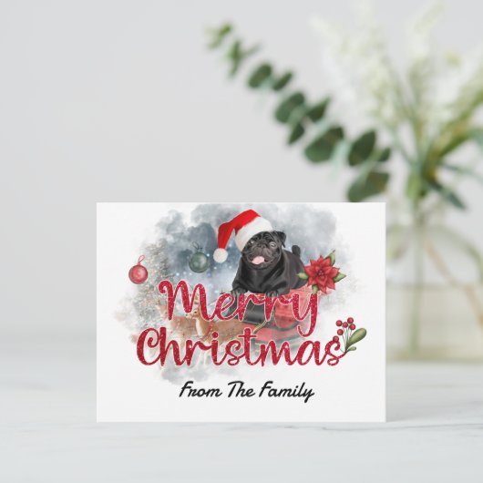 Black Pug Merry Kerstmis met Poinsettia Flower Briefkaart (Staand voorkant)