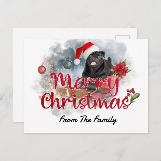 Black Pug Merry Kerstmis met Poinsettia Flower Briefkaart (Voorkant / Achterkant)