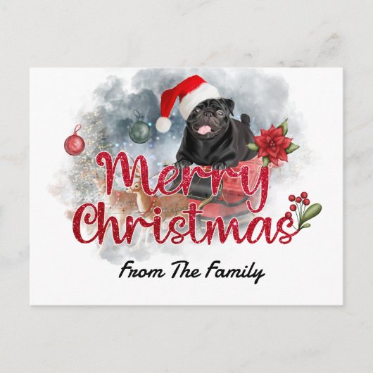 Black Pug Merry Kerstmis met Poinsettia Flower Briefkaart (Voorkant)