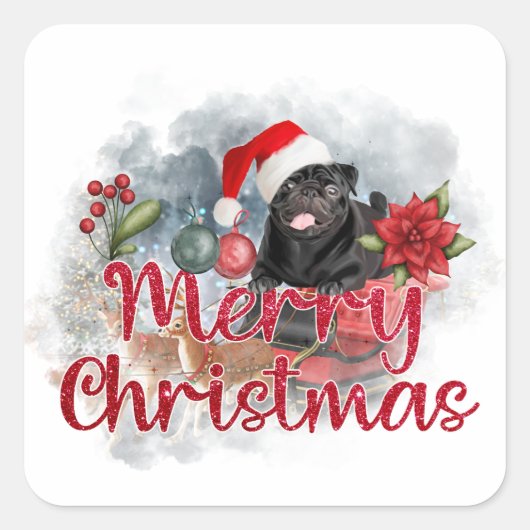 Black Pug Merry Kerstmis met Poinsettia Flower Vierkante Sticker (Voorkant)