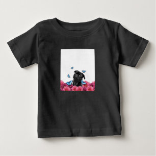 Black Pug met blauwe vlinders en gerberas