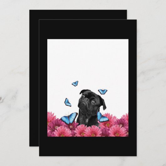 Black Pug met blauwe vlinders en gerberas Bedankkaart (Voorkant / Achterkant)