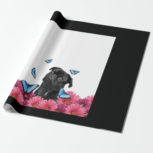 Black Pug met blauwe vlinders en gerberas Cadeaupapier (Uitgerold)