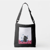 Black Pug met blauwe vlinders en gerberas Crossbody Tas (Voorkant)