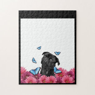 Black Pug met blauwe vlinders en gerberas Legpuzzel