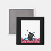 Black Pug met blauwe vlinders en gerberas Magneet (Voorkant / Achterkant)