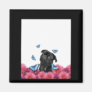 Black Pug met blauwe vlinders en gerberas Magneet