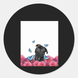 Black Pug met blauwe vlinders en gerberas Ronde Sticker