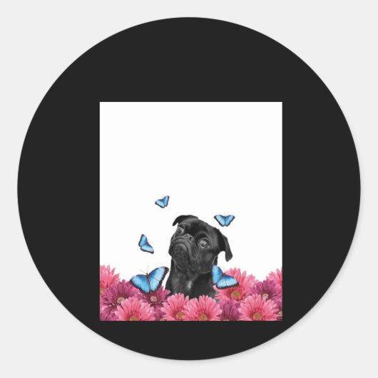 Black Pug met blauwe vlinders en gerberas Ronde Sticker (Voorkant)