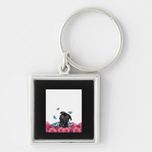 Black Pug met blauwe vlinders en gerberas Sleutelhanger