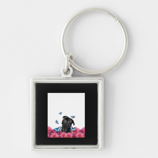 Black Pug met blauwe vlinders en gerberas Sleutelhanger (Voorkant)