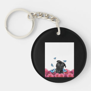 Black Pug met blauwe vlinders en gerberas Sleutelhanger