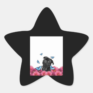 Black Pug met blauwe vlinders en gerberas Ster Sticker