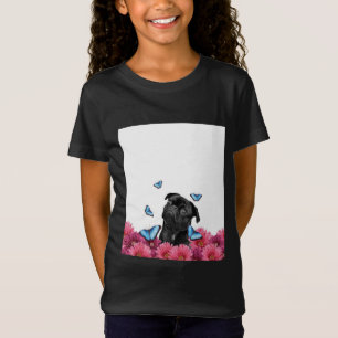 Black Pug met blauwe vlinders en gerberas T-shirt