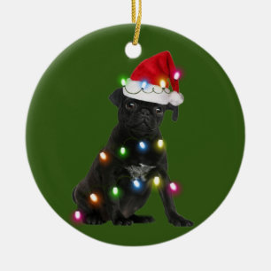 Black Pug met kerstscafts Santa Hat Keramisch Ornament