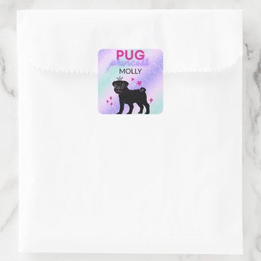 BLACK" PUG PRINCESS" VIERKANTE STICKER (Tas)