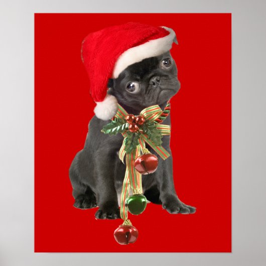 Black Pug Puppy Kerstportret Poster (Voorkant)