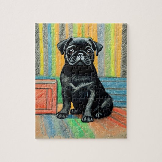 Black Pug puppy krijt kunst puzzel cadeau idee Legpuzzel (Verticaal)