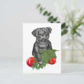 Black Pug Puppy Schattige kerstkunst Feestdagenkaart (Staand voorkant)