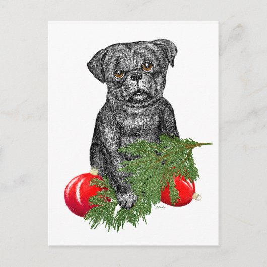 Black Pug Puppy Schattige kerstkunst Feestdagenkaart (Voorkant)