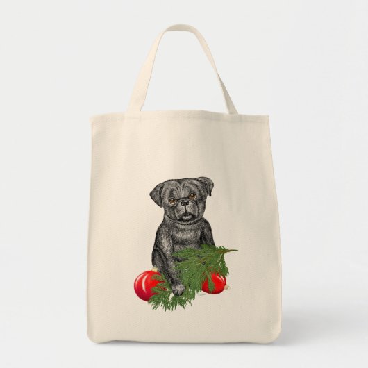 Black Pug Puppy Schattige kerstkunst Tote Bag (Voorkant)