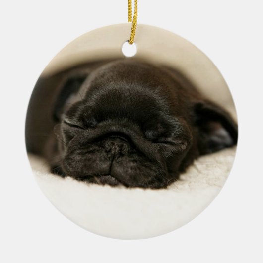 Black Pug Puppy Slaping Keramisch Ornament (Voorkant)