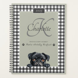 Black Pug Sage Green Gingham Aangepaste naam Monog Planner