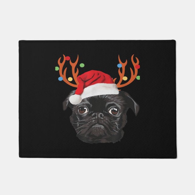 Black Pug Santa Christmas Reindeer Christmas Light Deurmat (Voorkant)
