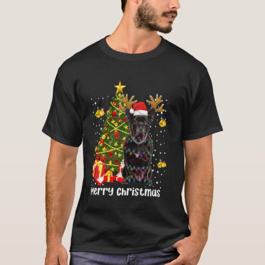 Black Pug Santa-kerstboom lampjes-rendier T-shirt (Voorkant)