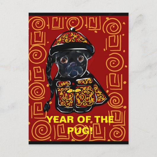 Black Pug Year of the Dog Feestdagenkaart (Voorkant)
