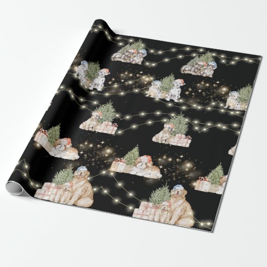 Black Puppy Magic: Kerstmis & Twinkling Lights Cadeaupapier (Uitgerold)