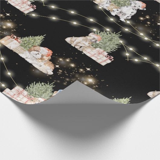 Black Puppy Magic: Kerstmis & Twinkling Lights Cadeaupapier (Hoek)