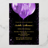 Black purple balloons birthday gold folie uitnodiging (Voorkant)