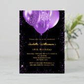 Black purple balloons birthday gold folie uitnodiging (Staand Voorkant)