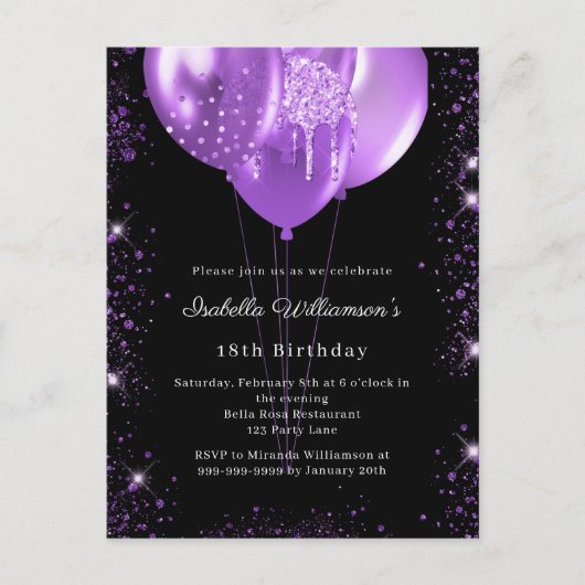 Black purple balloons birthday  uitnodiging briefkaart (Voorkant)