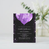 Black purple balloons birthday  uitnodiging briefkaart (Staand voorkant)