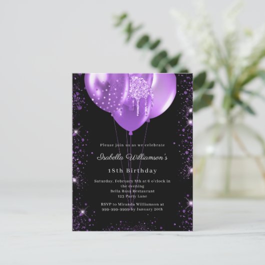 Black purple balloons birthday  uitnodiging briefkaart (Staand voorkant)